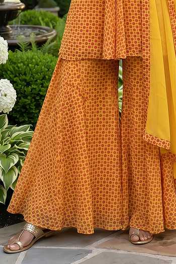 Shop_Seams Pret And Couture_Yellow Georgette, Shantoon V-neck, Yes Navya Print Kurta Sharara Set _Online_at_Aza_Fashions
