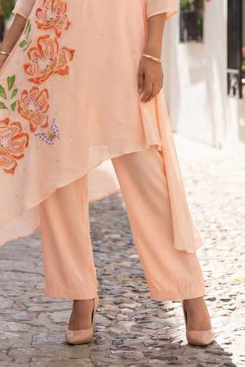 Buy_Seams Pret And Couture_Pink Georgette, Shantoon Round Neck, Yes Lavira Embroidered Kurta Set _Online_at_Aza_Fashions