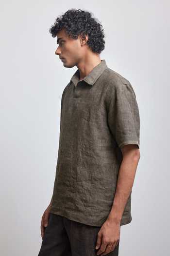 Countrymade_Brown Linen Stone Crochet Polo Shirt _Online_at_Aza_Fashions