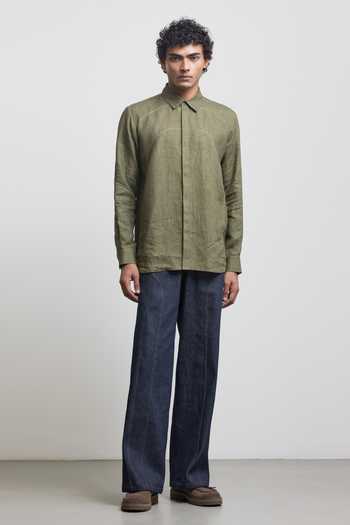 Countrymade Green Linen Bauhaus Three Stitch Shirt Online at Aza Fashions Countrymade_Green Linen Bauhaus Three Stitch Shirt _Online_at_Aza_Fashions