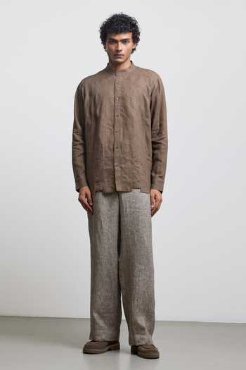 Countrymade_Brown Linen Arch Echo Ladder Panel Shirt _Online_at_Aza_Fashions