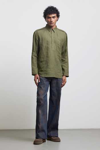 Countrymade Olive Green Linen Faux Button Half Placket Shirt Online at Aza Fashions Countrymade_Olive Green Linen Faux Button Half Placket Shirt _Online_at_Aza_Fashions