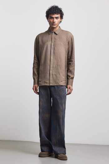 Countrymade_Brown Linen Arch Crochet Beige Panel Shirt _Online_at_Aza_Fashions