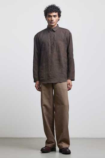 Countrymade_Black Linen Bronze Coating Half Placket Work Shirt _Online_at_Aza_Fashions