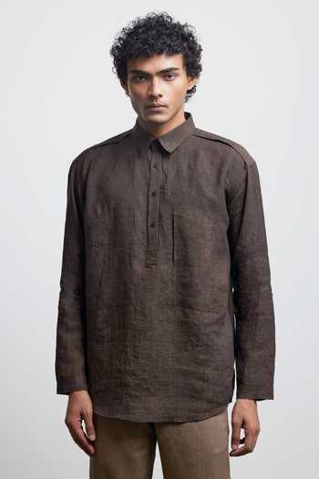 Countrymade Bronze Coating Half Placket Work Linen Shirt 