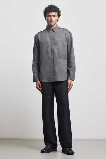 Countrymade Grey Linen Stone Faded Half Placket Shirt Online at Aza Fashions Countrymade_Grey Linen Stone Faded Half Placket Shirt _Online_at_Aza_Fashions