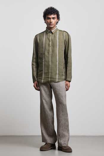 Countrymade Olive Green Linen Bagru Print Striped Shirt Online at Aza Fashions Countrymade_Olive Green Linen Bagru Print Striped Shirt _Online_at_Aza_Fashions