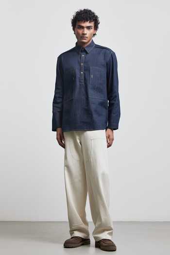 Countrymade Navy Denim Faux Buttonhole Half Placket Shirt Online at Aza Fashions Countrymade_Navy Denim Faux Buttonhole Half Placket Shirt _Online_at_Aza_Fashions
