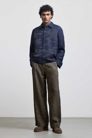 Countrymade_Navy Linen, Bemberg Camouflage Embroidered Overshirt Jacket _Online_at_Aza_Fashions