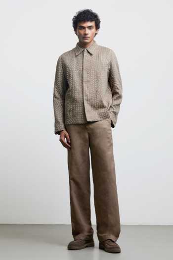 Countrymade_Brown Linen, Chiffon Bauhaus Kantha Jacket _Online_at_Aza_Fashions
