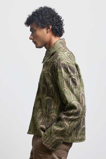 Buy_Countrymade_Olive Green Linen Fray Applique Multi Arch Jacket _Online_at_Aza_Fashions