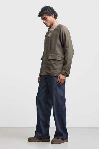 Countrymade_Brown Linen Faux Buttonhole Workwear Jacket _Online_at_Aza_Fashions