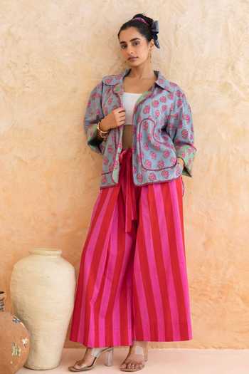 Shop_Moontara_Blue Cotton Collared Aquella Floral Print Jacket _Online_at_Aza_Fashions