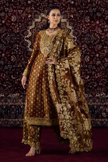 Shop_Lashkaraa_Brown Tissue, Brocade V-neck, Yes Embroidered Kurta Set _Online_at_Aza_Fashions