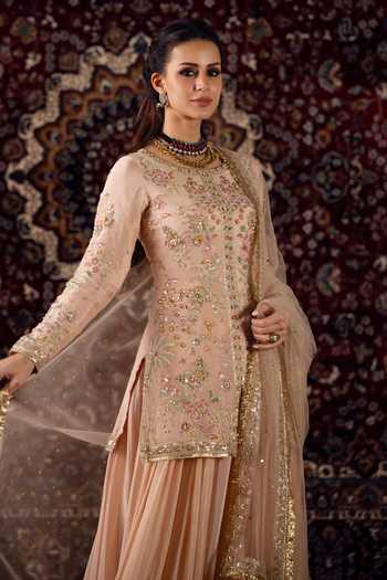 Buy_Lashkaraa_Peach Viscose, Net, Chinon Round Neck, Yes Floral Embroidered Kurta Sharara Set _Online_at_Aza_Fashions