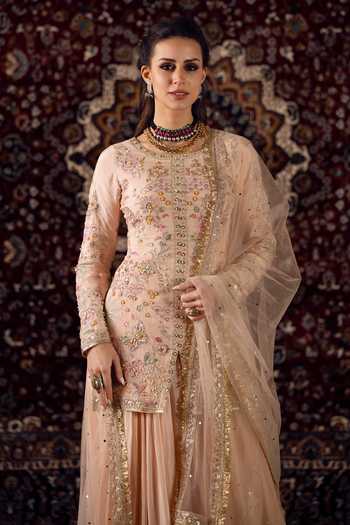 Shop_Lashkaraa_Peach Viscose, Net, Chinon Round Neck, Yes Floral Embroidered Kurta Sharara Set _Online_at_Aza_Fashions