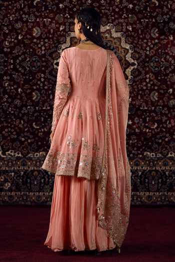 Lashkaraa_Peach Silk, Viscose, Chinon Notched Neck Embroidered Short Anarkali Sharara Set_Online_at_Aza_Fashions