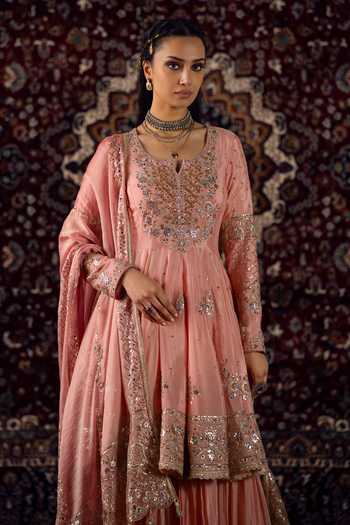 Shop_Lashkaraa_Peach Silk, Viscose, Chinon Notched Neck Embroidered Short Anarkali Sharara Set_Online_at_Aza_Fashions