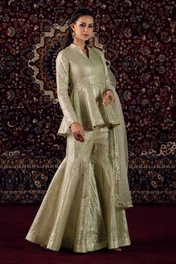 Shop Lashkaraa Gold Net, Viscose, Tissue Mandarin Collar Sequin Embellished Peplum Kurta Set Online at Aza Fashions Shop_Lashkaraa_Gold Net, Viscose, Tissue Mandarin Collar Sequin Embellished Peplum Kurta Set _Online_at_Aza_Fashions