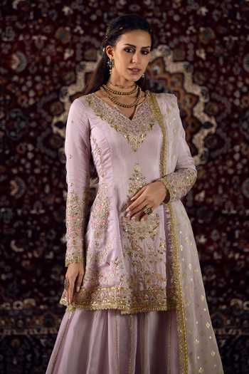 Buy Lashkaraa Purple Silk, Viscose V-neck Embroidered Kurta Sharara Set Online at Aza Fashions Buy_Lashkaraa_Purple Silk, Viscose V-neck Embroidered Kurta Sharara Set _Online_at_Aza_Fashions