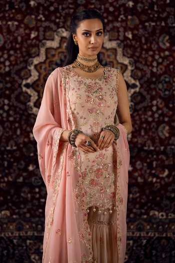 Buy_Lashkaraa_Pink Georgette Round Neck, Yes Embroidered Kurta Gharara Set _Online_at_Aza_Fashions