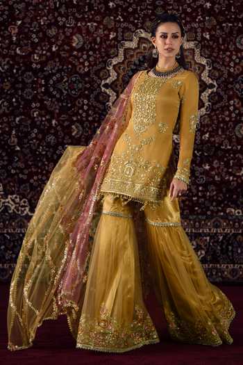 Shop_Lashkaraa_Yellow Tissue, Net Round Neck, Yes Zari Embroidered Kurta Gharara Set _Online_at_Aza_Fashions