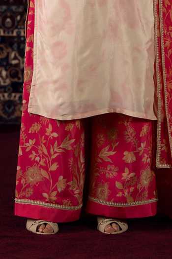 Buy_Lashkaraa_Off White Silk Satin, Organza Round Neck, Yes Embroidered Straight Kurta Set _Online_at_Aza_Fashions