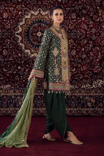 Shop_Lashkaraa_Emerald Green Silk, Chinon Sequins V-neck, Yes Embroidered Kurta Dhoti Pant Set _Online_at_Aza_Fashions