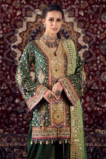 Lashkaraa_Emerald Green Silk, Chinon Sequins V-neck, Yes Embroidered Kurta Dhoti Pant Set _at_Aza_Fashions