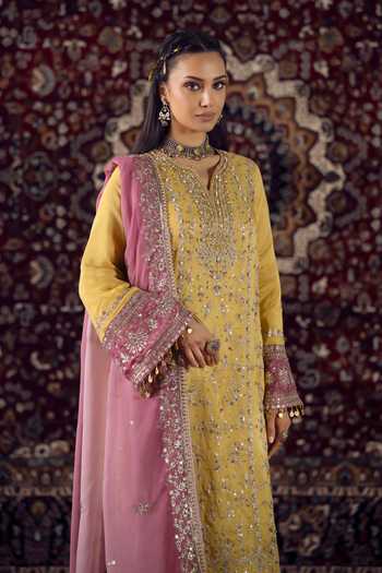 Buy_Lashkaraa_Yellow Organza, Tissue Split V-neck, Yes Thread Work Kurta Set _Online_at_Aza_Fashions
