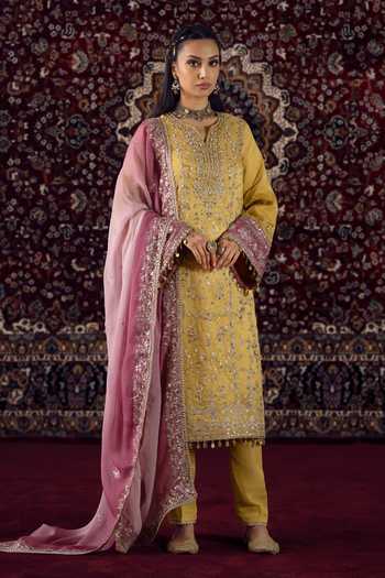 Shop_Lashkaraa_Yellow Organza, Tissue Split V-neck, Yes Thread Work Kurta Set _Online_at_Aza_Fashions