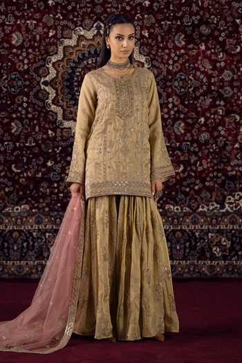 Shop Lashkaraa Gold Tissue, Net Round Neck Zari Work Kurta Gharara Set Online at Aza Fashions Shop_Lashkaraa_Gold Tissue, Net Round Neck Zari Work Kurta Gharara Set _Online_at_Aza_Fashions