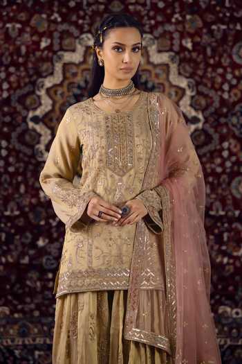 Lashkaraa Gold Tissue, Net Round Neck Zari Work Kurta Gharara Set at Aza Fashions Lashkaraa_Gold Tissue, Net Round Neck Zari Work Kurta Gharara Set _at_Aza_Fashions