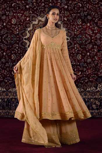 Shop Lashkaraa Peach Georgette Scoop Neck Zari Work Anarkali Sharara Set Online at Aza Fashions Shop_Lashkaraa_Peach Georgette Scoop Neck Zari Work Anarkali Sharara Set _Online_at_Aza_Fashions