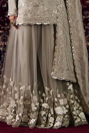 Buy_Lashkaraa_Grey Silk Round Neck Embroidered Kurta Set _Online_at_Aza_Fashions