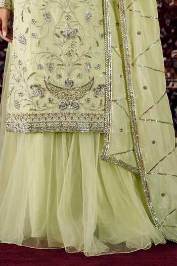Buy Lashkaraa Green Silk, Net V-neck, Yes Bead Embroidered Kurta Sharara Set Online at Aza Fashions Buy_Lashkaraa_Green Silk, Net V-neck, Yes Bead Embroidered Kurta Sharara Set _Online_at_Aza_Fashions