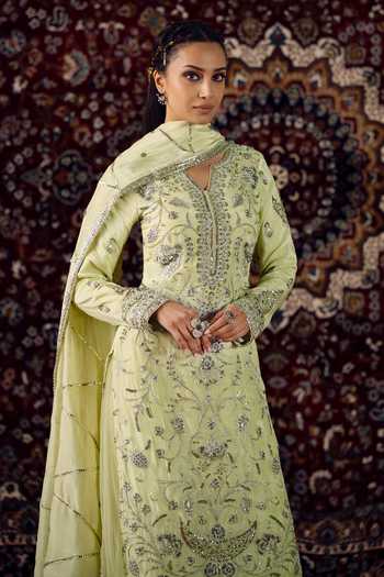 Shop Lashkaraa Green Silk, Net V-neck, Yes Bead Embroidered Kurta Sharara Set Online at Aza Fashions Shop_Lashkaraa_Green Silk, Net V-neck, Yes Bead Embroidered Kurta Sharara Set _Online_at_Aza_Fashions