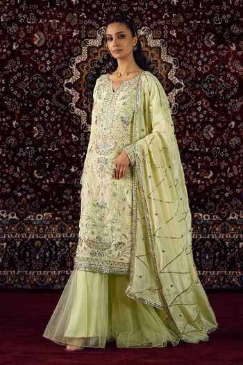 Lashkaraa Green Silk, Net V-neck, Yes Bead Embroidered Kurta Sharara Set at Aza Fashions Lashkaraa_Green Silk, Net V-neck, Yes Bead Embroidered Kurta Sharara Set _at_Aza_Fashions