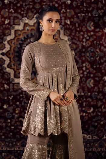 Buy Lashkaraa Brown Silk, Viscose, Chinon Round Neck, Yes Embroidered Kurta Gharara Set Online at Aza Fashions Buy_Lashkaraa_Brown Silk, Viscose, Chinon Round Neck, Yes Embroidered Kurta Gharara Set _Online_at_Aza_Fashions