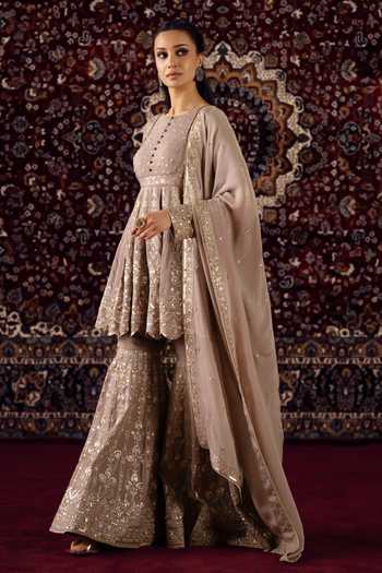 Lashkaraa Brown Silk, Viscose, Chinon Round Neck, Yes Embroidered Kurta Gharara Set at Aza Fashions Lashkaraa_Brown Silk, Viscose, Chinon Round Neck, Yes Embroidered Kurta Gharara Set _at_Aza_Fashions