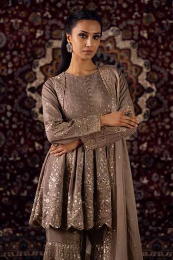 Buy Lashkaraa Brown Silk, Viscose, Chinon Round Neck, Yes Embroidered Kurta Gharara Set Buy_Lashkaraa_Brown Silk, Viscose, Chinon Round Neck, Yes Embroidered Kurta Gharara Set