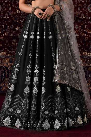 Shop Lashkaraa Black Silk, Net, Viscose Sweetheart Neck Embroidered Lehenga Set Online at Aza Fashions Shop_Lashkaraa_Black Silk, Net, Viscose Sweetheart Neck Embroidered Lehenga Set _Online_at_Aza_Fashions