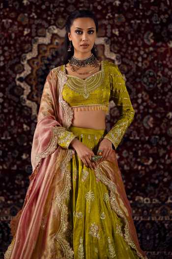 Buy_Lashkaraa_Mustard Viscose, Tissue Sweetheart Neck Sequin Embroidered Lehenga Set _Online_at_Aza_Fashions
