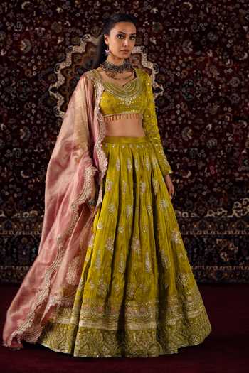 Lashkaraa_Mustard Viscose, Tissue Sweetheart Neck Sequin Embroidered Lehenga Set _at_Aza_Fashions