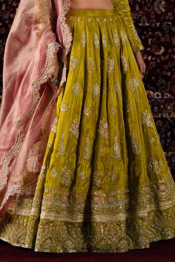 Buy_Lashkaraa_Mustard Viscose, Tissue Sweetheart Neck Sequin Embroidered Lehenga Set 