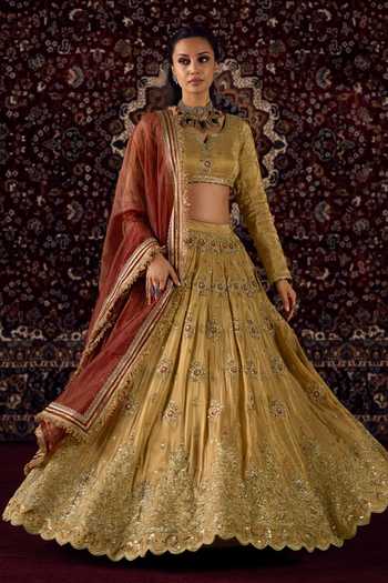 Shop_Lashkaraa_Gold Silk, Viscose V-neck Embroidered Lehenga Set _Online_at_Aza_Fashions