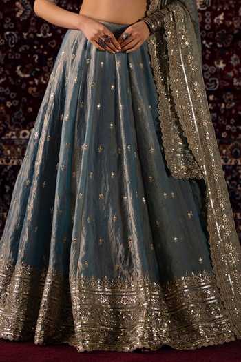 Buy_Lashkaraa_Blue Silk, Satin Sweetheart Neck Embroidered Blouse Lehenga Set _Online_at_Aza_Fashions