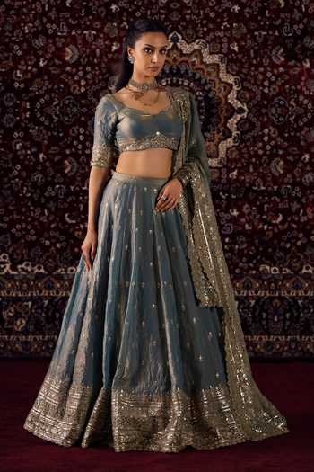 Shop_Lashkaraa_Blue Silk, Satin Sweetheart Neck Embroidered Blouse Lehenga Set _Online_at_Aza_Fashions