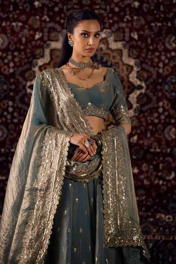 Lashkaraa_Blue Silk, Satin Sweetheart Neck Embroidered Blouse Lehenga Set _at_Aza_Fashions