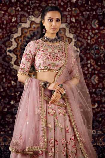 Buy Lashkaraa Pink Organza, Net Round Neck Floral Embroidered Lehenga Set Online at Aza Fashions Buy_Lashkaraa_Pink Organza, Net Round Neck Floral Embroidered Lehenga Set _Online_at_Aza_Fashions